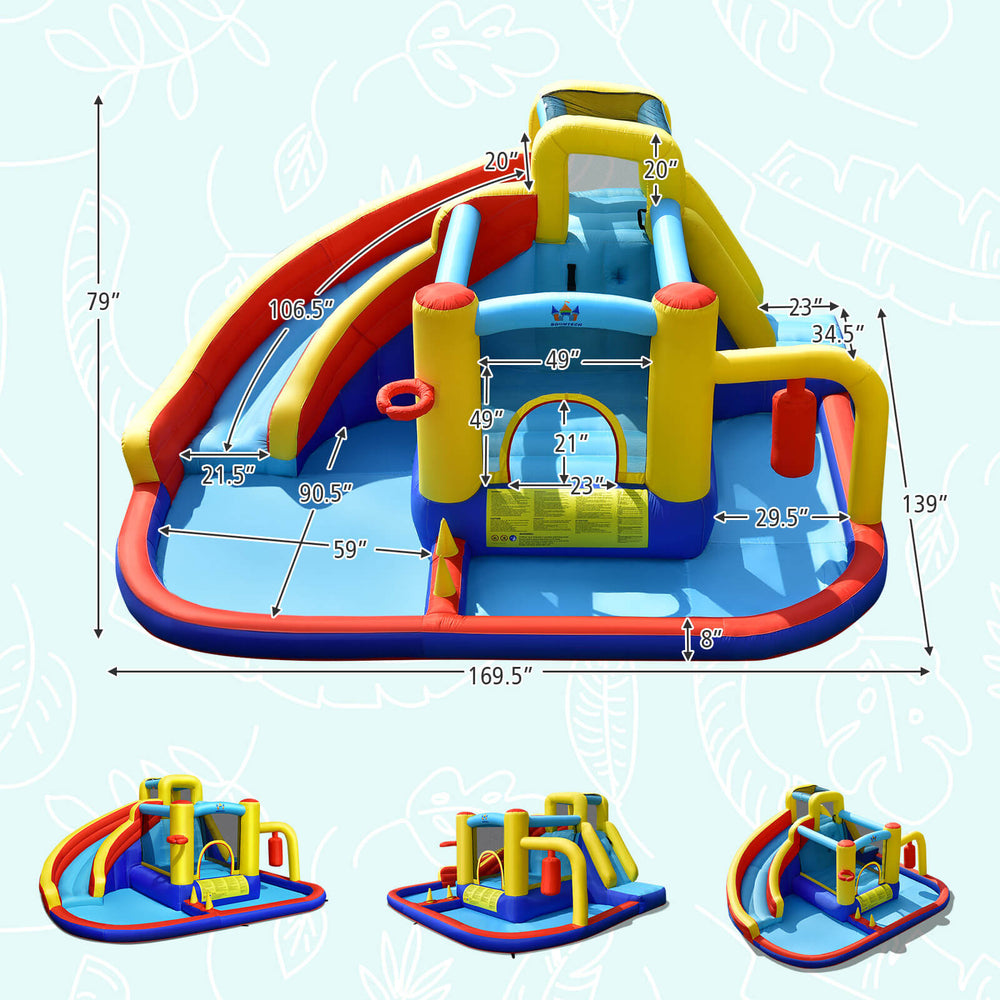 7-in-1 inflatable water slide with splash pool, climbing wall, and games for kids, made of durable oxford fabric.