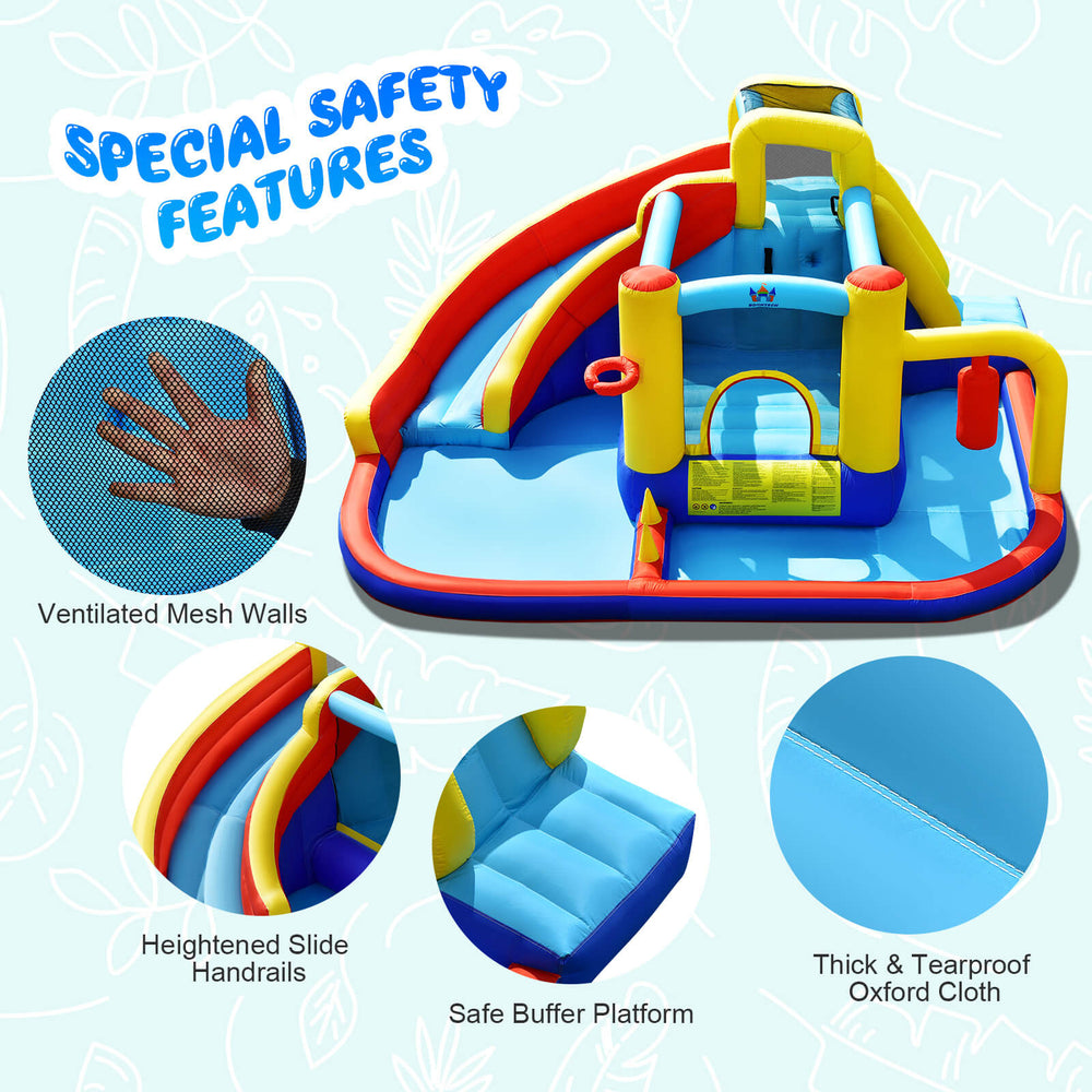 Inflatable water slide with safety features, including mesh walls and reinforced handrails, for outdoor fun and play.