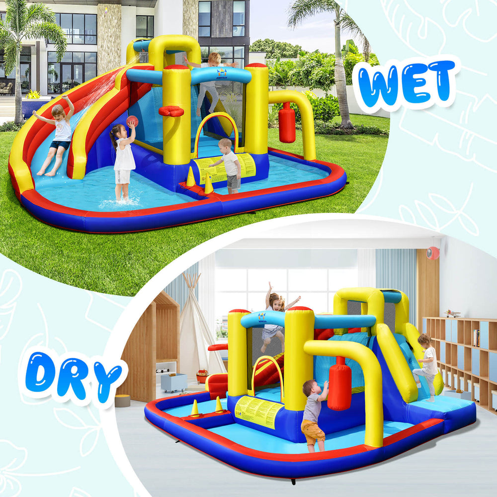 7-in-1 inflatable water slide with climbing wall, splash pool, and games for outdoor fun, made of durable oxford fabric.