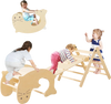 Indoor climbing toy set for toddlers featuring a climbing ladder, slide, and triangle tunnel for active play and.