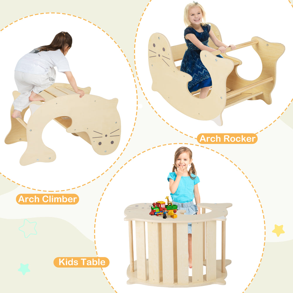 Arch climber and rocker set made of natural wood, perfect for indoor play and enhancing kids' physical skills.