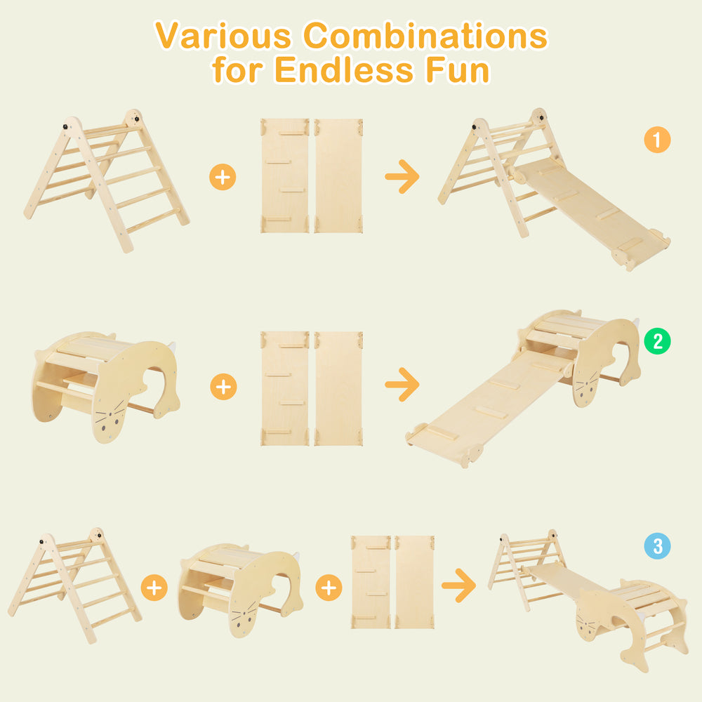 7-in-1 indoor climbing toys for toddlers featuring a climbing ladder, slide, and arch climber for versatile play.