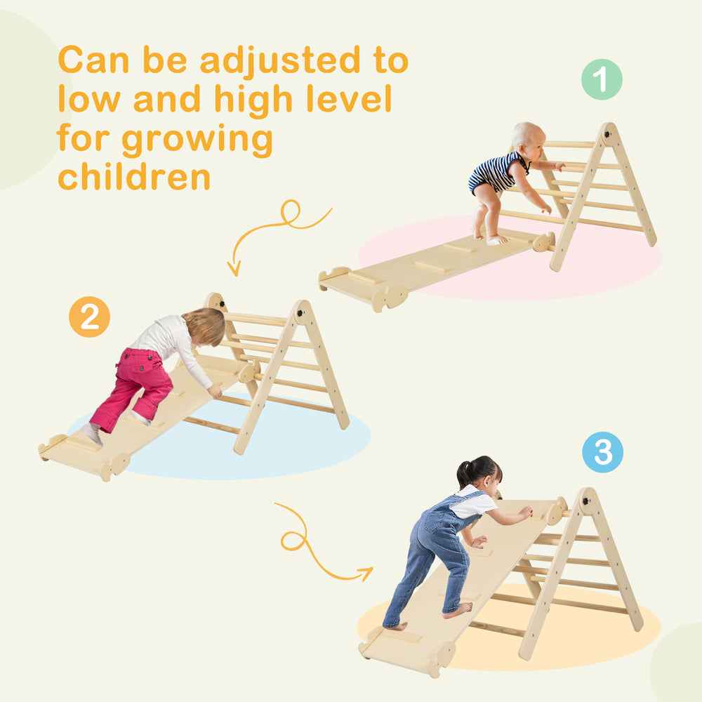 Adjustable indoor climbing toy set for toddlers, featuring a reversible ramp and sturdy wooden construction for safe.