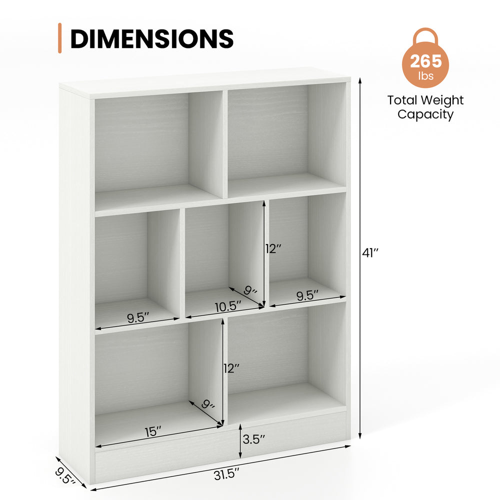 7-section freestanding bookshelf in white with open cubes, ideal for kids' rooms and classrooms, offers ample storage.