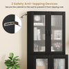 Tall black kitchen pantry cabinet with transparent doors and safety anti-tipping devices for secure storage.