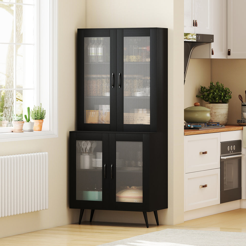 70.5-inch tall black kitchen pantry cabinet with 4 transparent doors, offering spacious storage for appliances and.