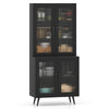 Tall black kitchen pantry cabinet with 4 transparent doors, adjustable shelves, and sturdy metal legs for organized.