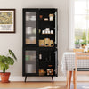 Tall black kitchen pantry cabinet with 4 transparent doors, featuring adjustable shelves for organized storage in any.