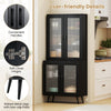 Detail of the black kitchen pantry cabinet showing user-friendly handles and soft close hinges for easy access and.