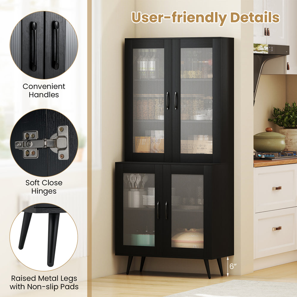 Detail of the black kitchen pantry cabinet showing user-friendly handles and soft close hinges for easy access and.