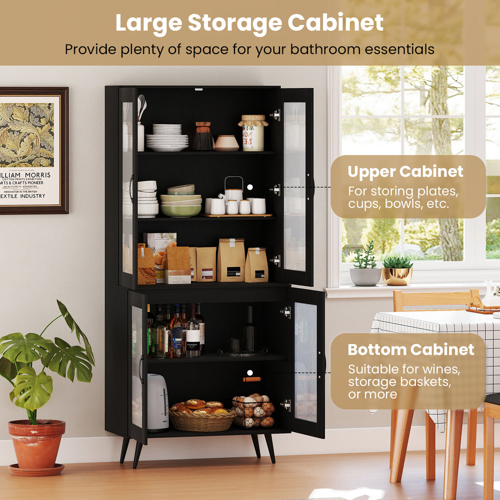 Large black kitchen pantry cabinet with transparent doors, featuring adjustable shelves for organized storage in dining.