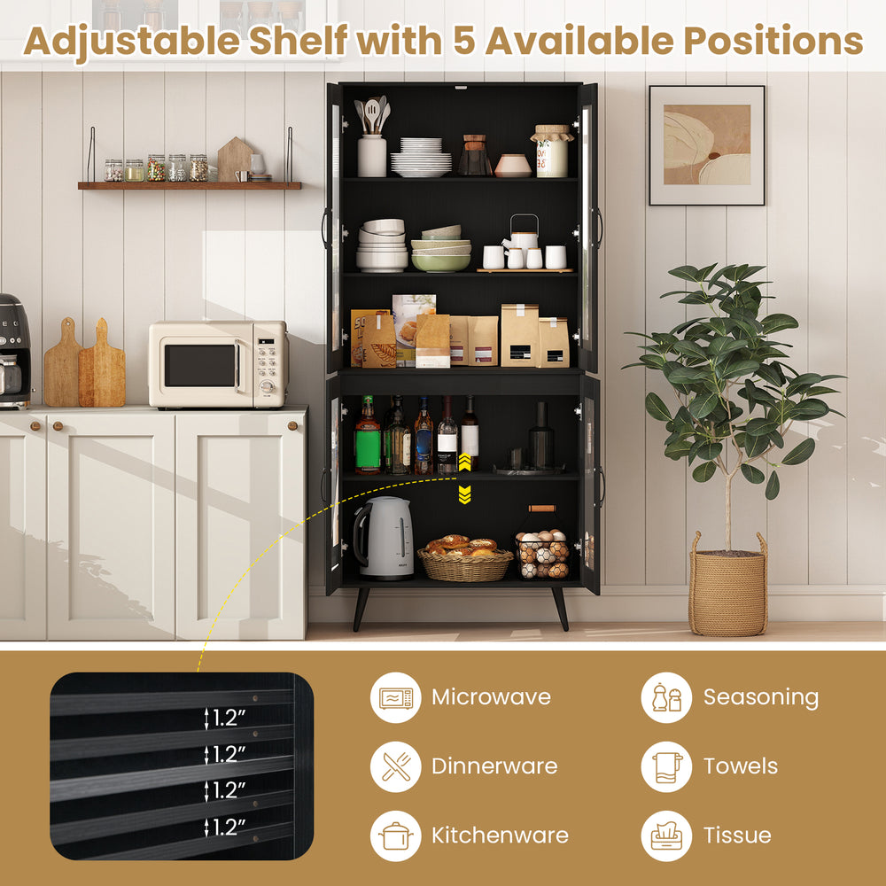 70.5 inch tall black kitchen pantry cabinet with 4 transparent doors and 5-position adjustable shelves for versatile.