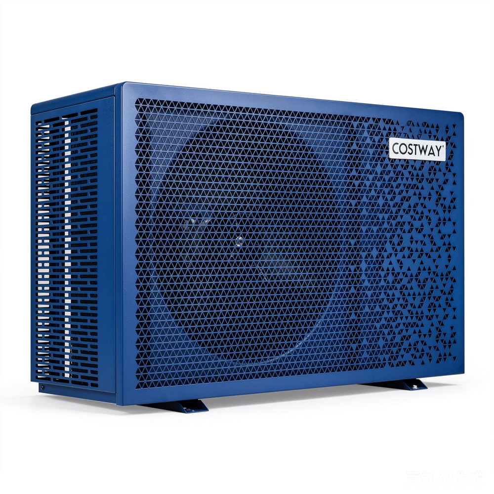 70000 BTU swimming pool heat pump in blue featuring a robust design with knockout holes and a protective mesh guard for durability.