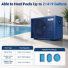 70000 BTU swimming pool heat pump in blue, suitable for pools up to 21419 gallons with timer and smart app control.