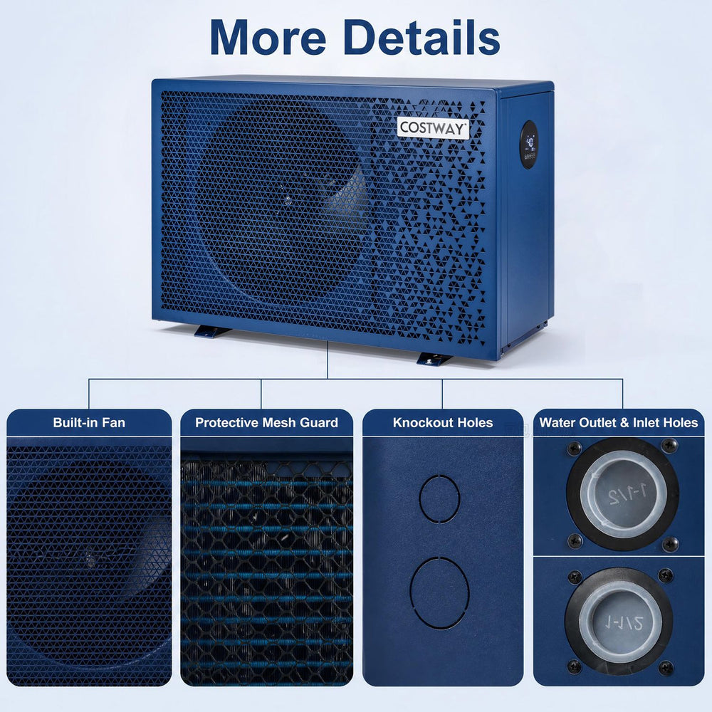 70000 BTU swimming pool heat pump in blue with built-in fan, protective mesh guard, and water outlet for efficient heating.