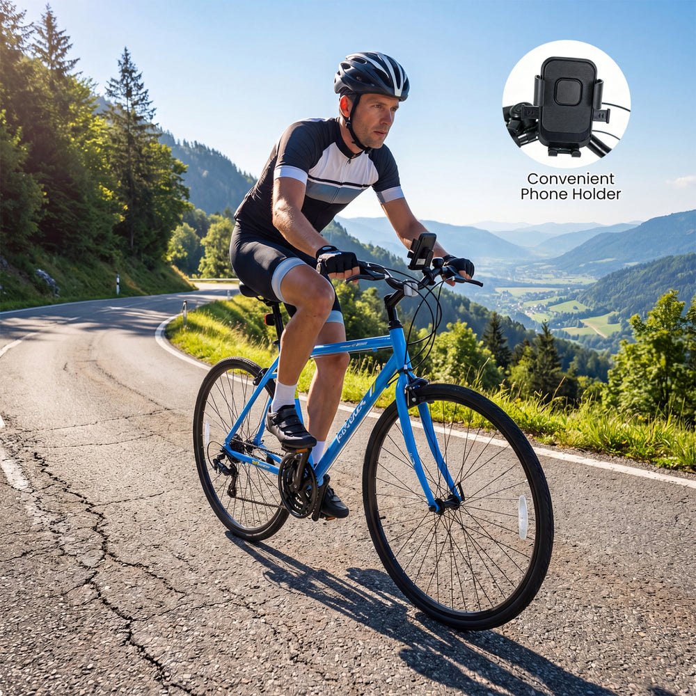 Adult 700C hybrid bike in blue with 18-speed Shimano drivetrain and convenient phone holder, perfect for outdoor rides.