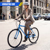 Adult 700C hybrid bike in blue with 18-speed Shimano drivetrain, ideal for commuting and casual cycling.