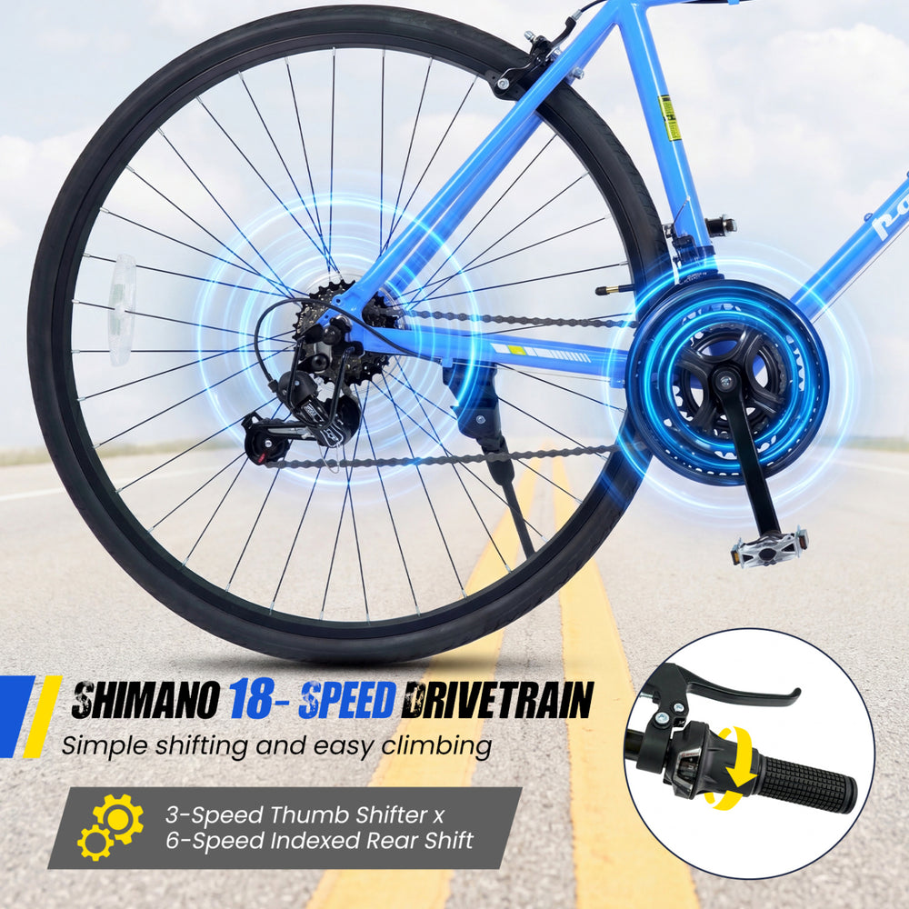 Close-up of the Shimano 18-speed drivetrain on a blue 700C hybrid bike, showcasing easy shifting and climbing.