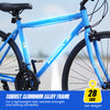 Close-up of the blue 700C hybrid bike showcasing the robust aluminum alloy frame for lightweight durability.