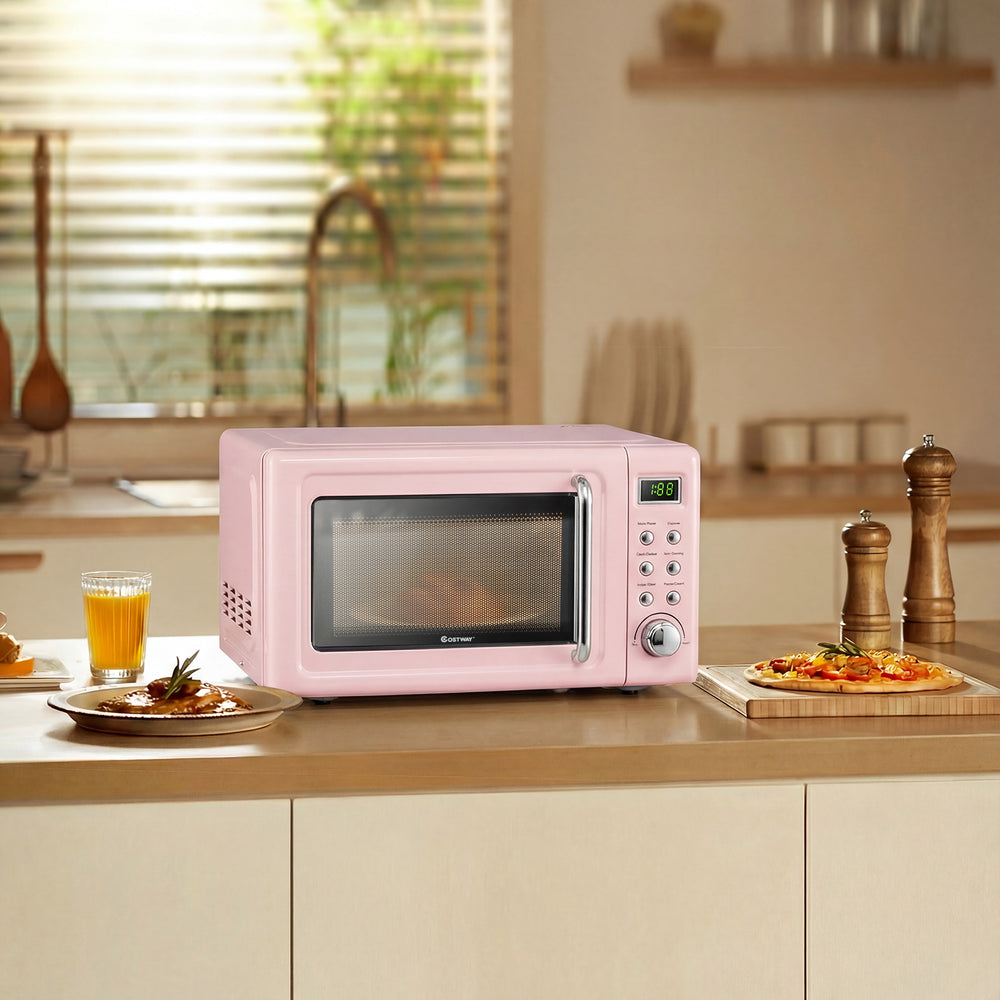 700W Retro Countertop Microwave Oven with 5 Micro Power and Auto Cooking Function-Pink - Gallery View 1 of 11