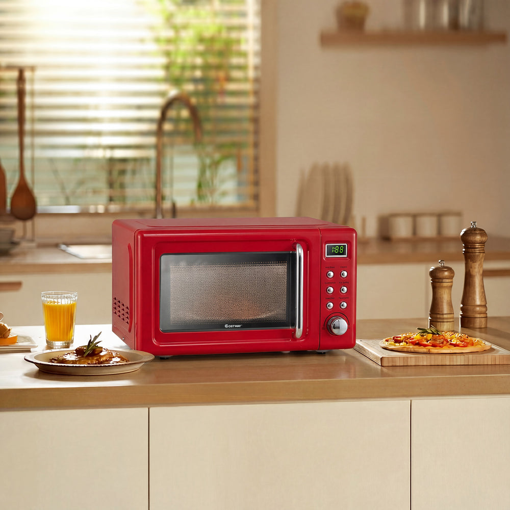 700W Retro Countertop Microwave Oven with 5 Micro Power and Auto Cooking Function-Light Red - Gallery View 1 of 11
