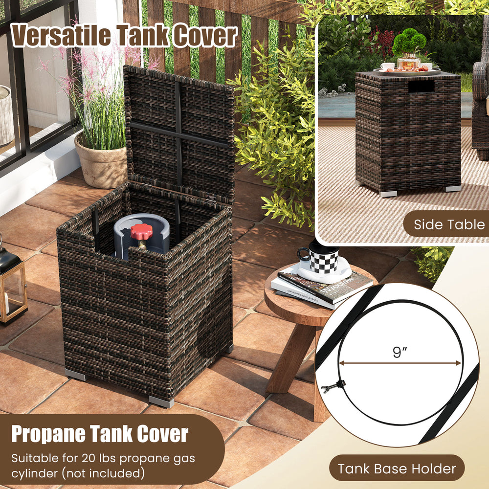 Rattan propane tank cover with lid, suitable for 20 lbs gas cylinder, doubles as a side table for outdoor use.