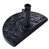 Half round outdoor patio umbrella base with ornate flower design, made of rust-free resin in antique black finish.