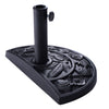 Half round outdoor patio umbrella base in antique black, featuring an ornate flower design and adjustable screw for.