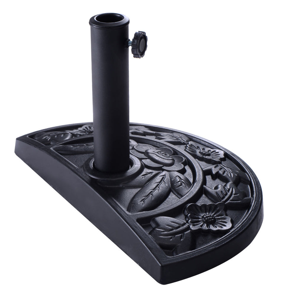 Half round outdoor patio umbrella base in antique black, featuring an ornate flower design and adjustable screw for.