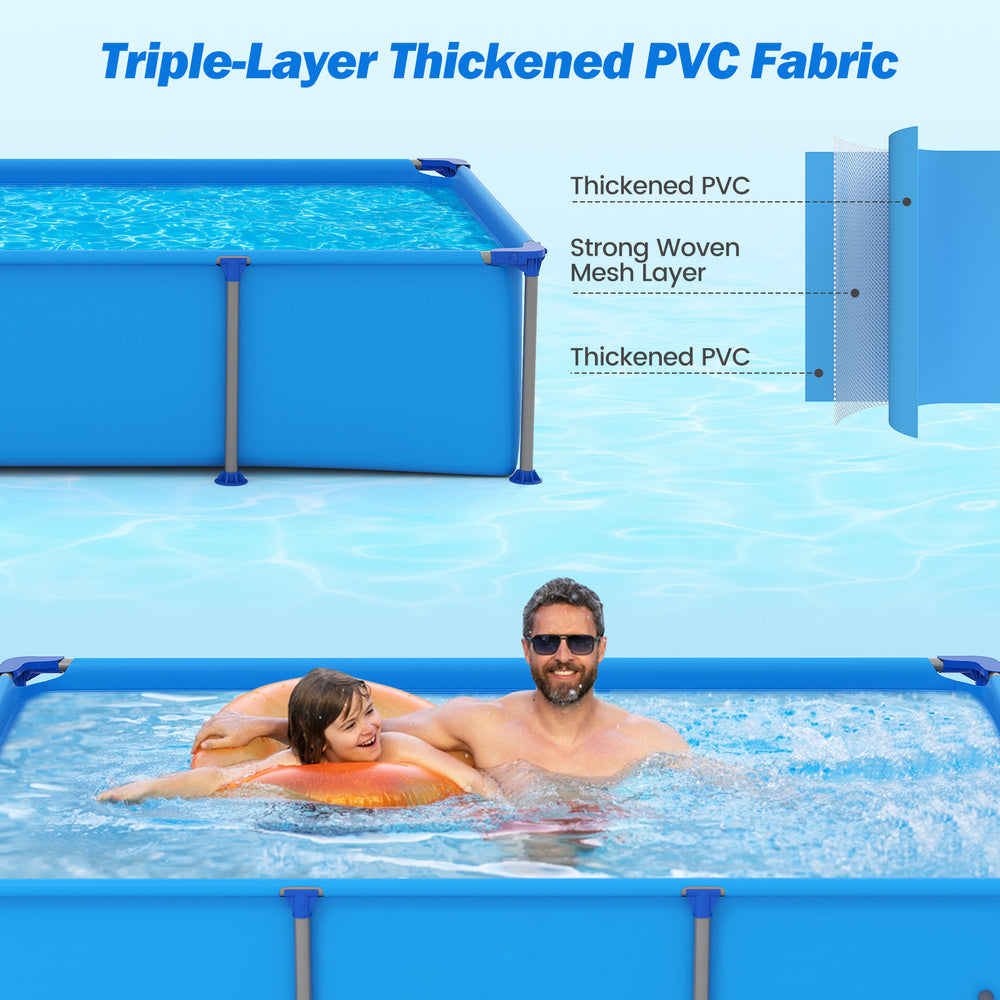 Outdoor family swimming pool featuring triple-layer thickened PVC fabric and sturdy metal frame for backyard fun.