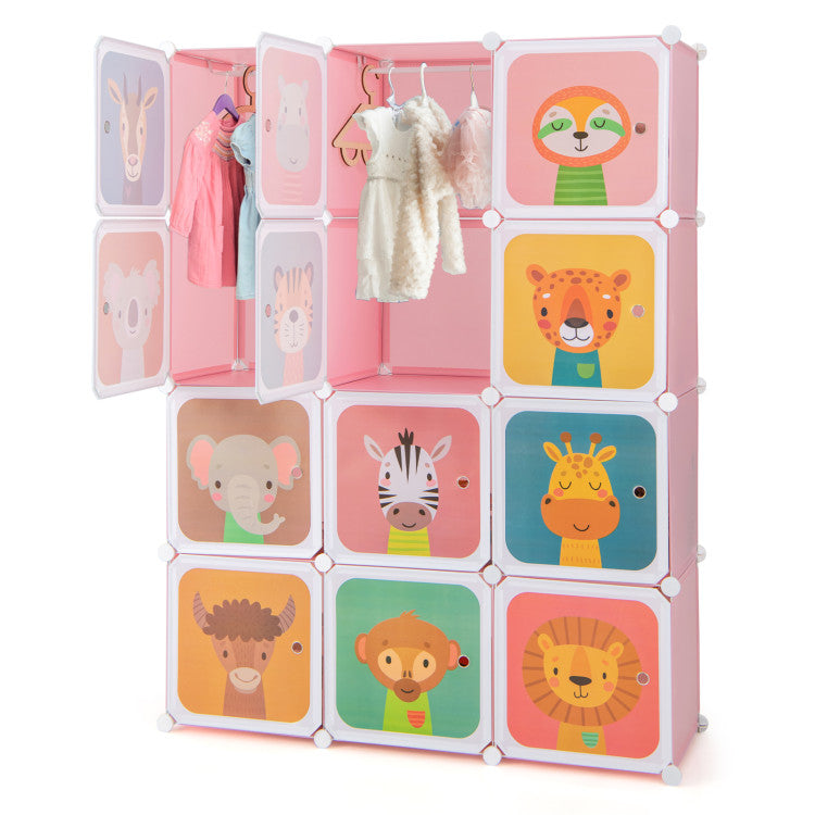 Colorful kids' wardrobe closet with 12 storage cubes, featuring animal designs for playful organization in a child's.