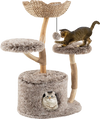 Wood cat tree with natural pear wood trunk, plush fabric, and cozy perch for lounging and exploring.