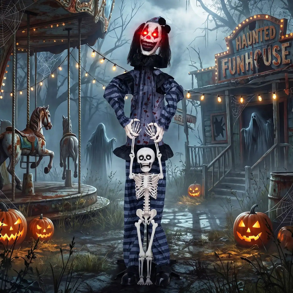 Life-size clown decoration with glowing red eyes, lifted skeleton, and spooky sound effects for Halloween fright.