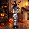 Life-size clown with glowing red eyes and a lifted skeleton, featuring blood-stained clothes and spooky sound effects for Halloween.