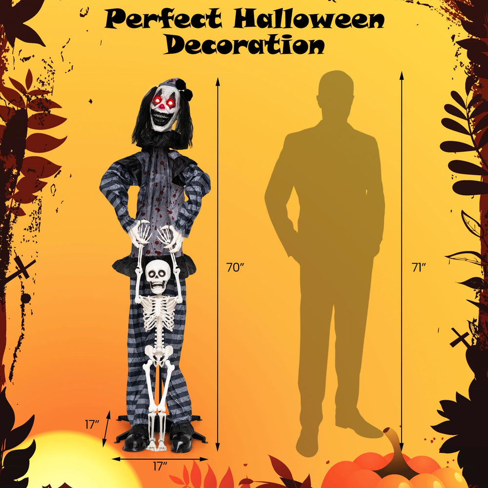 Life-size 70" clown decoration features glowing eyes, spooky skeleton, and sound effects for a terrifying Halloween experience.