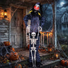 Life-size 70" clown decoration with glowing red eyes, lifted skeleton, and spooky sound effects for Halloween fright.