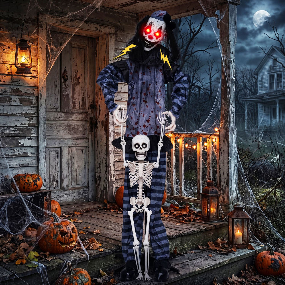 Life-size 70" clown decoration with glowing red eyes, lifted skeleton, and spooky sound effects for Halloween fright.