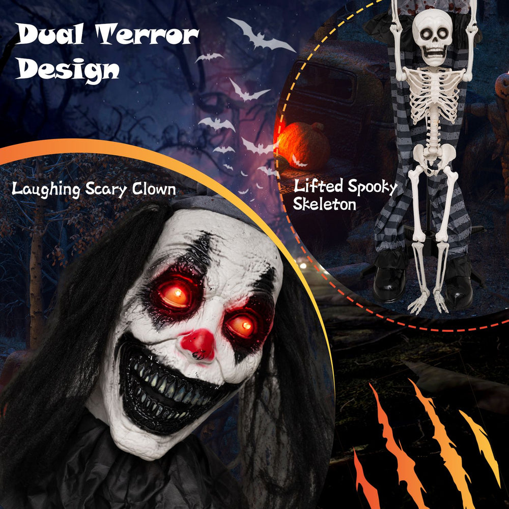Life-size 70" clown with glowing red eyes and lifted skeleton, featuring blood-stained clothes and spooky sound effects for Halloween.