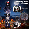 Life-size clown with glowing red eyes, blood-stained clothes, and shaking arms, perfect for Halloween decorations.
