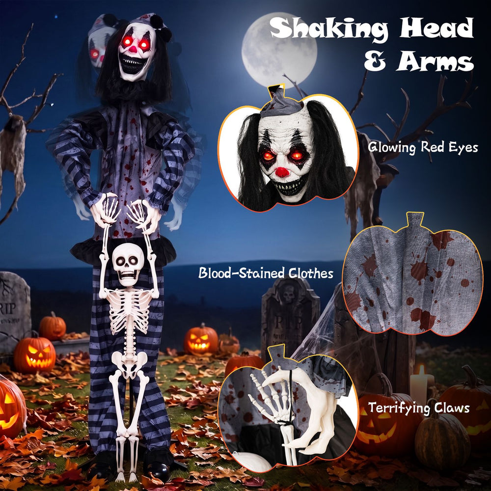 Life-size clown with glowing red eyes, blood-stained clothes, and shaking arms, perfect for Halloween decorations.