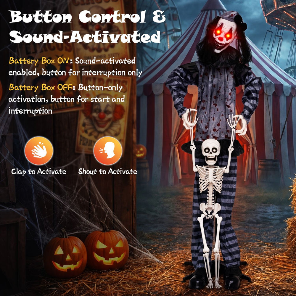 Life-size 70" clown with glowing red eyes and lifted skeleton, perfect for Halloween decoration with sound-activated features.