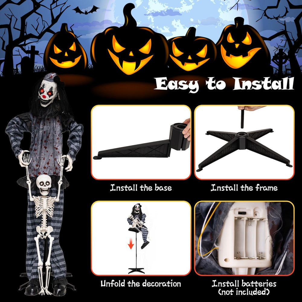 Life-size 70" clown decoration features glowing red eyes, spooky skeleton, and sound effects for a terrifying Halloween experience.