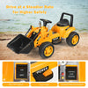 Kids ride-on excavator digger in yellow with lifting arms, foot pedal, and forward/reverse switch for outdoor fun.