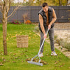 Aluminum lawn rake with long handle and 19 curved tines, ideal for loosening soil and collecting leaves in the garden.