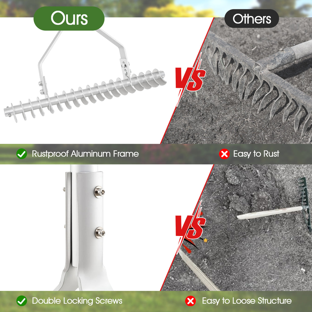 20-inch aluminum lawn loosening rake with 19 curved tines and adjustable head for efficient soil leveling and thatch.