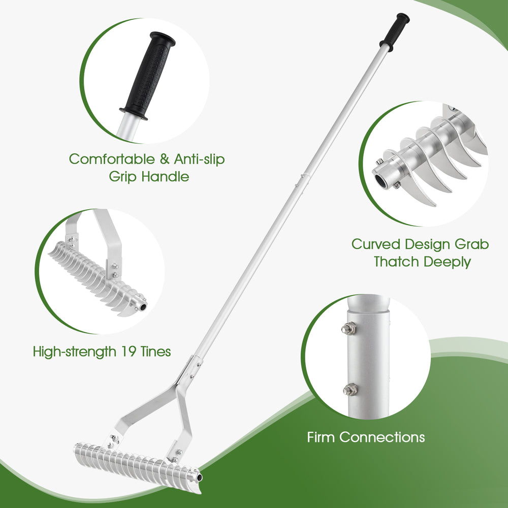 20-inch aluminum lawn rake with 19 curved tines, adjustable head, and comfortable anti-slip grip for efficient soil.