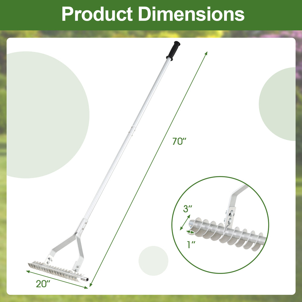 Dimensions of the 20-inch wide aluminum lawn loosening rake with a 70-inch long handle and 19 curved tines for.