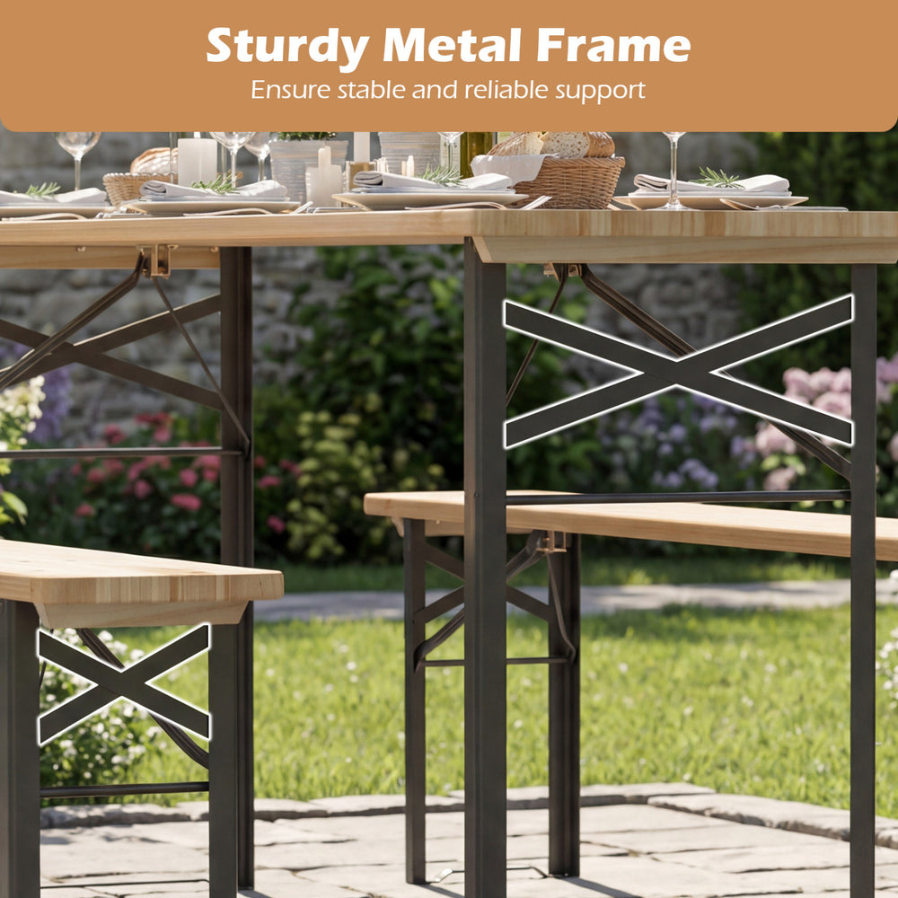 Folding picnic table with benches featuring a sturdy metal frame and solid fir wood, perfect for outdoor gatherings.