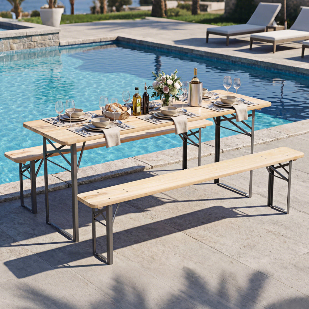 Folding picnic table set with fir wood surface and metal frame, seating 6, ideal for outdoor gatherings by the pool.