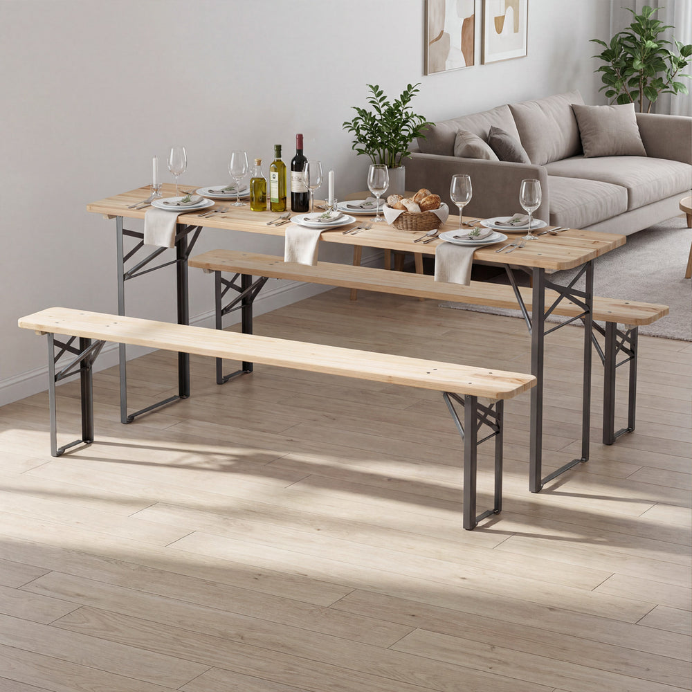 Folding picnic table with benches made of fir wood and metal frame, seats 6, perfect for patio gatherings.